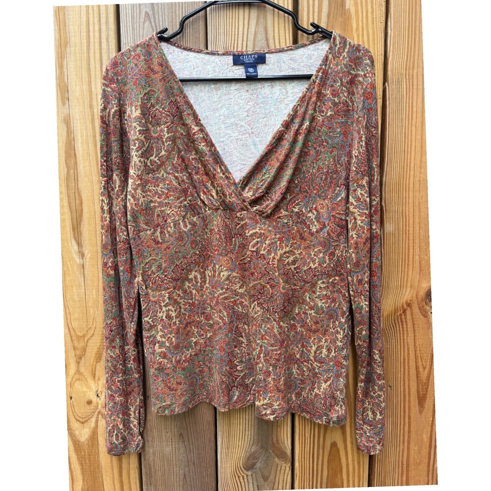 Chaps Petite PXL Paisley Surplice V-Neck Long Sleeve Top Red Multi Boho Viscose - Picture 3 of 8